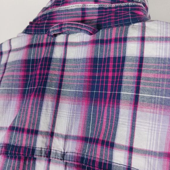 Dakini Plaid Boyfriend Shirt Womens Small Purple Stretch Hidden Pocket Vented - Picture 8 of 14
